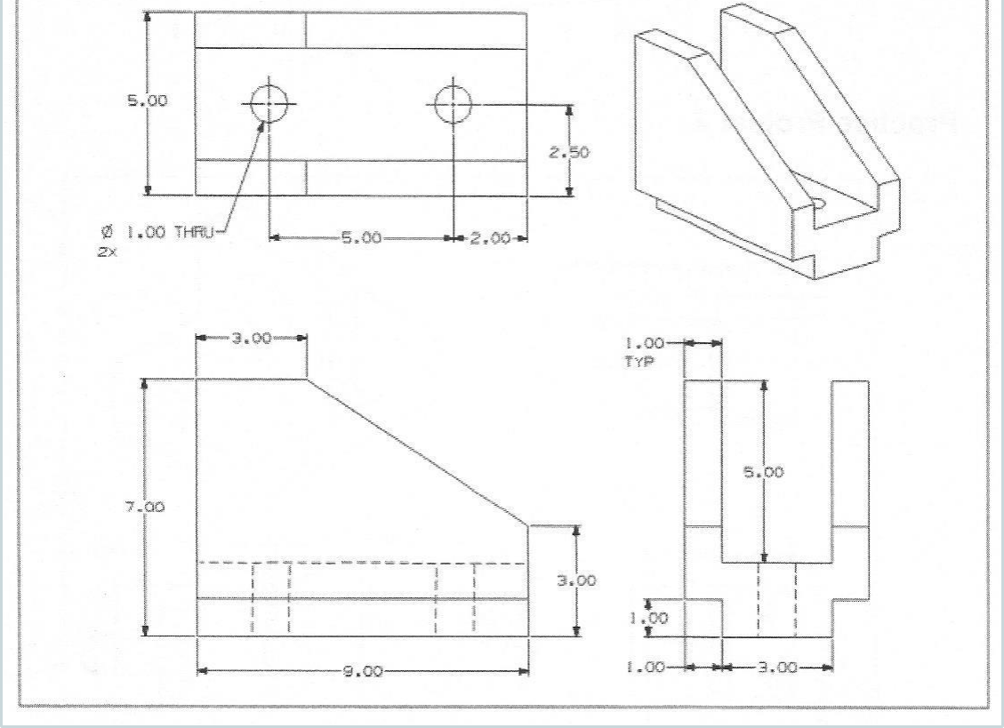 Dimensioned orthographic drawing for Siemens NX Practice Exercise 01