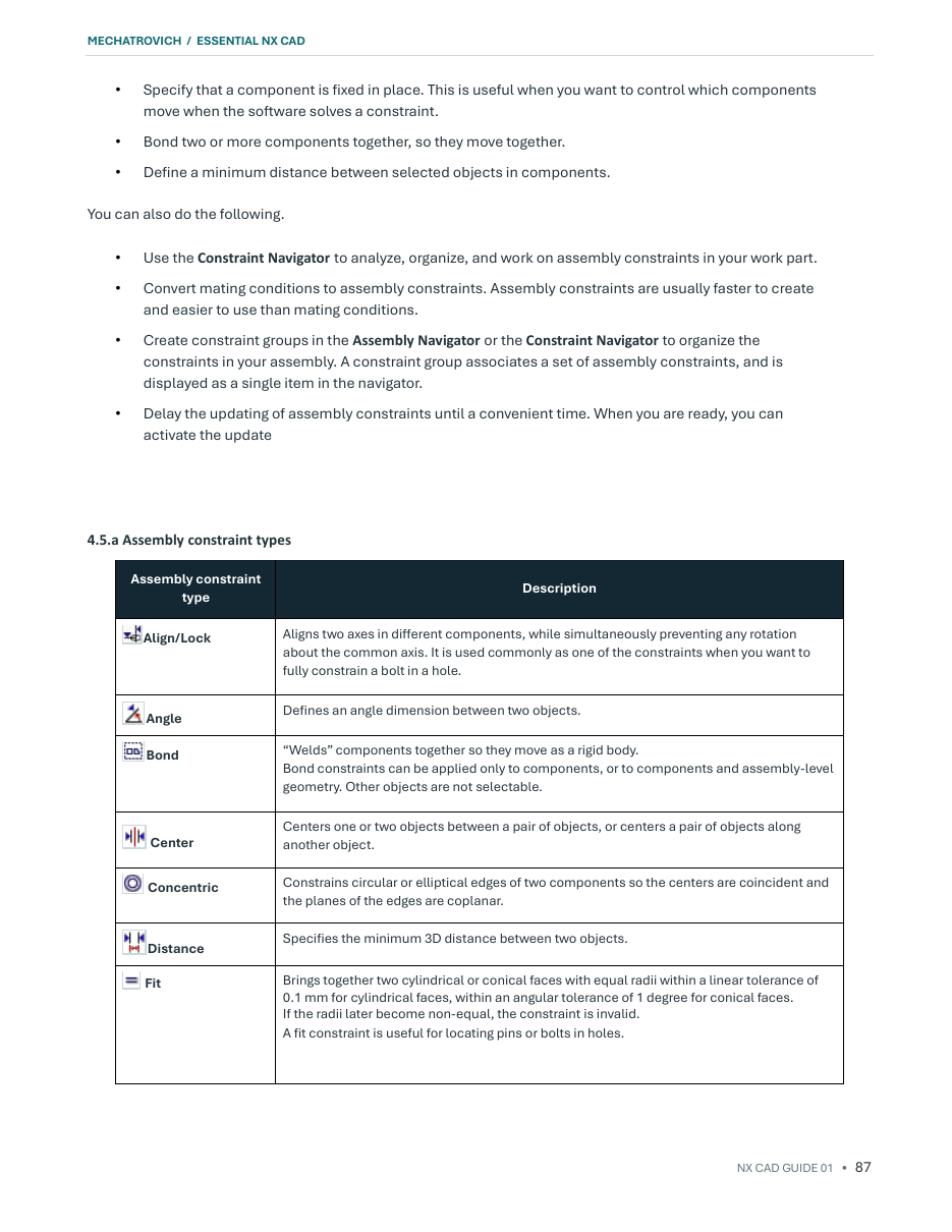 Sample NX tutorial page explaining assembly constraints and constraint types