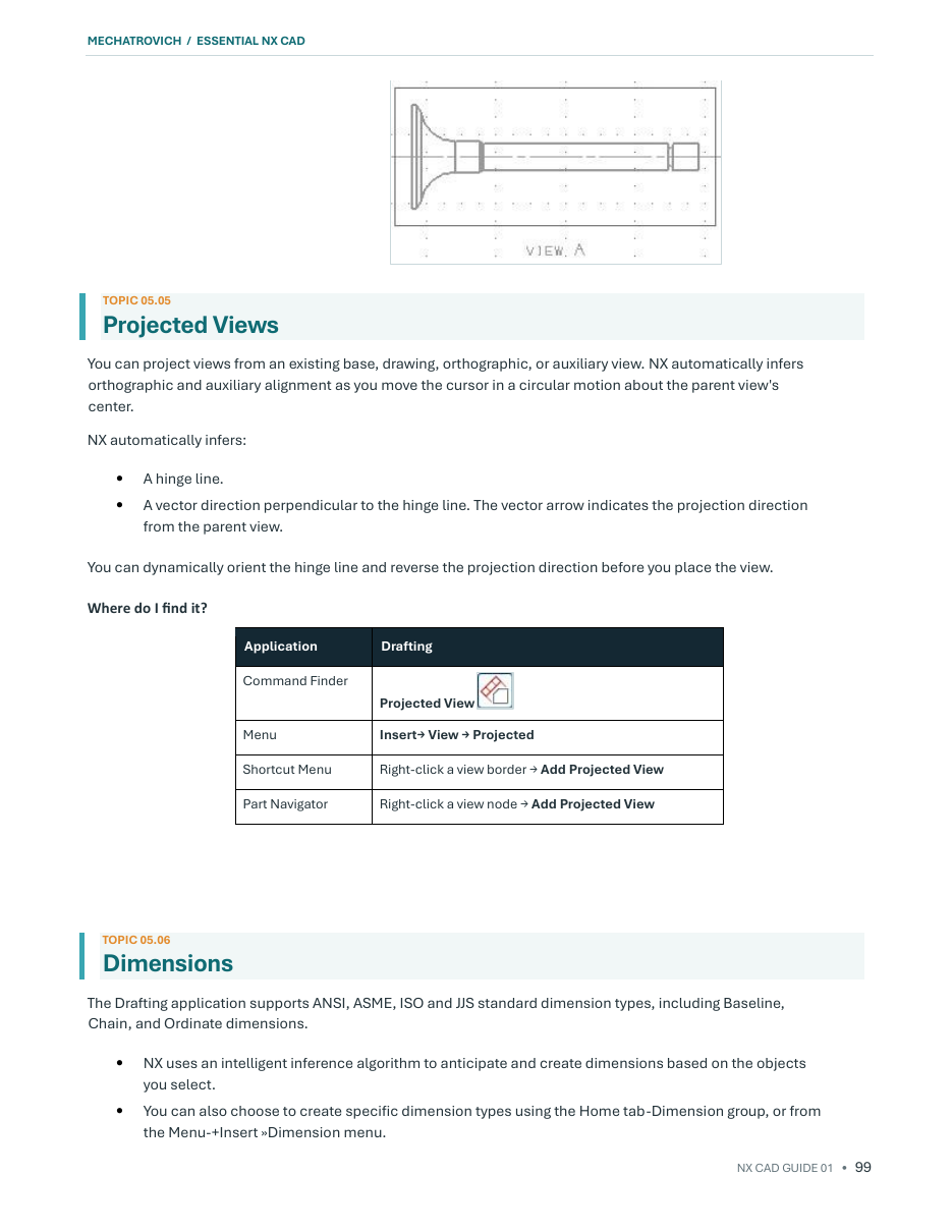 Sample NX tutorial page explaining projected drawing views and dimensions
