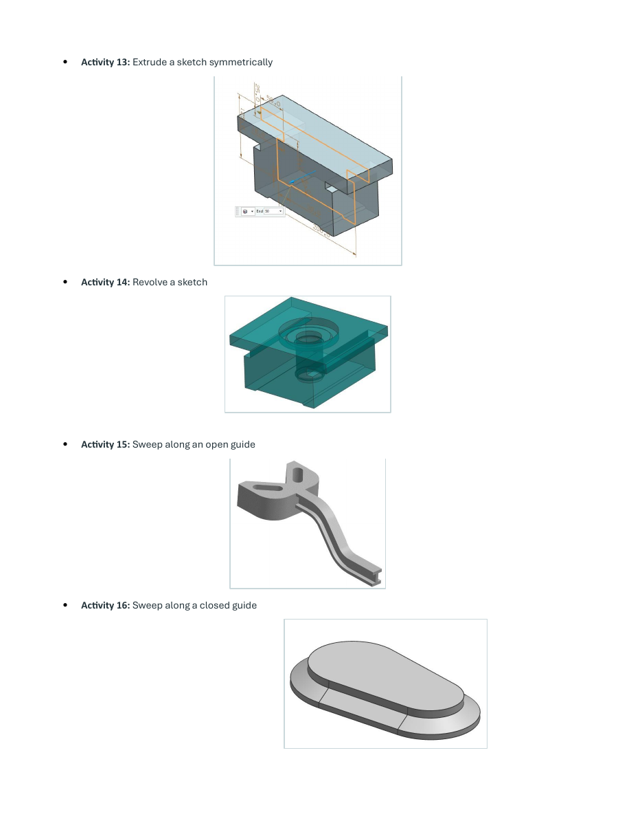 Sample NX tutorial page showing extrude, revolve, and sweep activity models