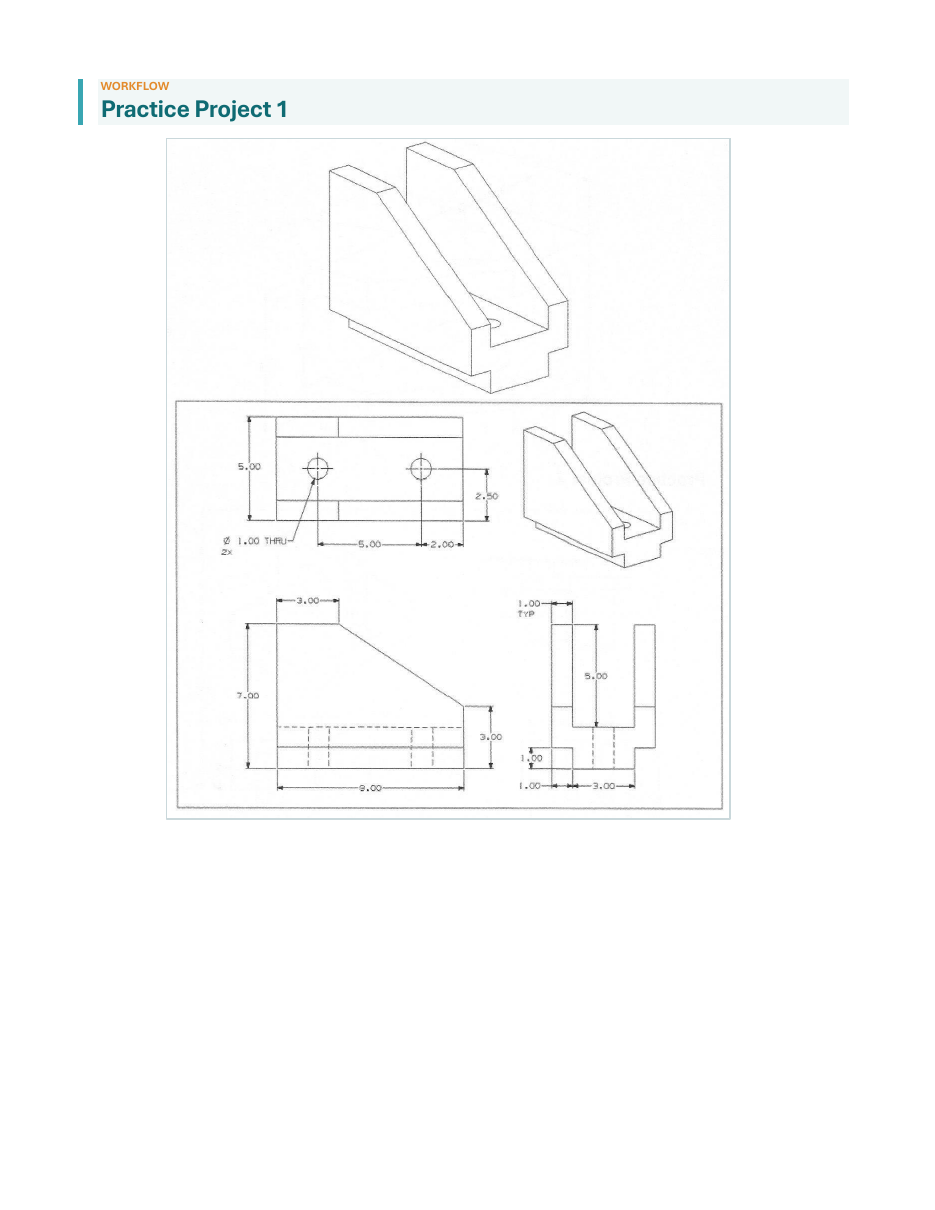 NX practice project page with an isometric part and dimensioned orthographic views