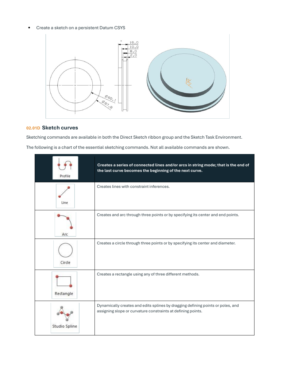 Sample NX tutorial page showing a constrained sketch, a modeled part, and sketch command references